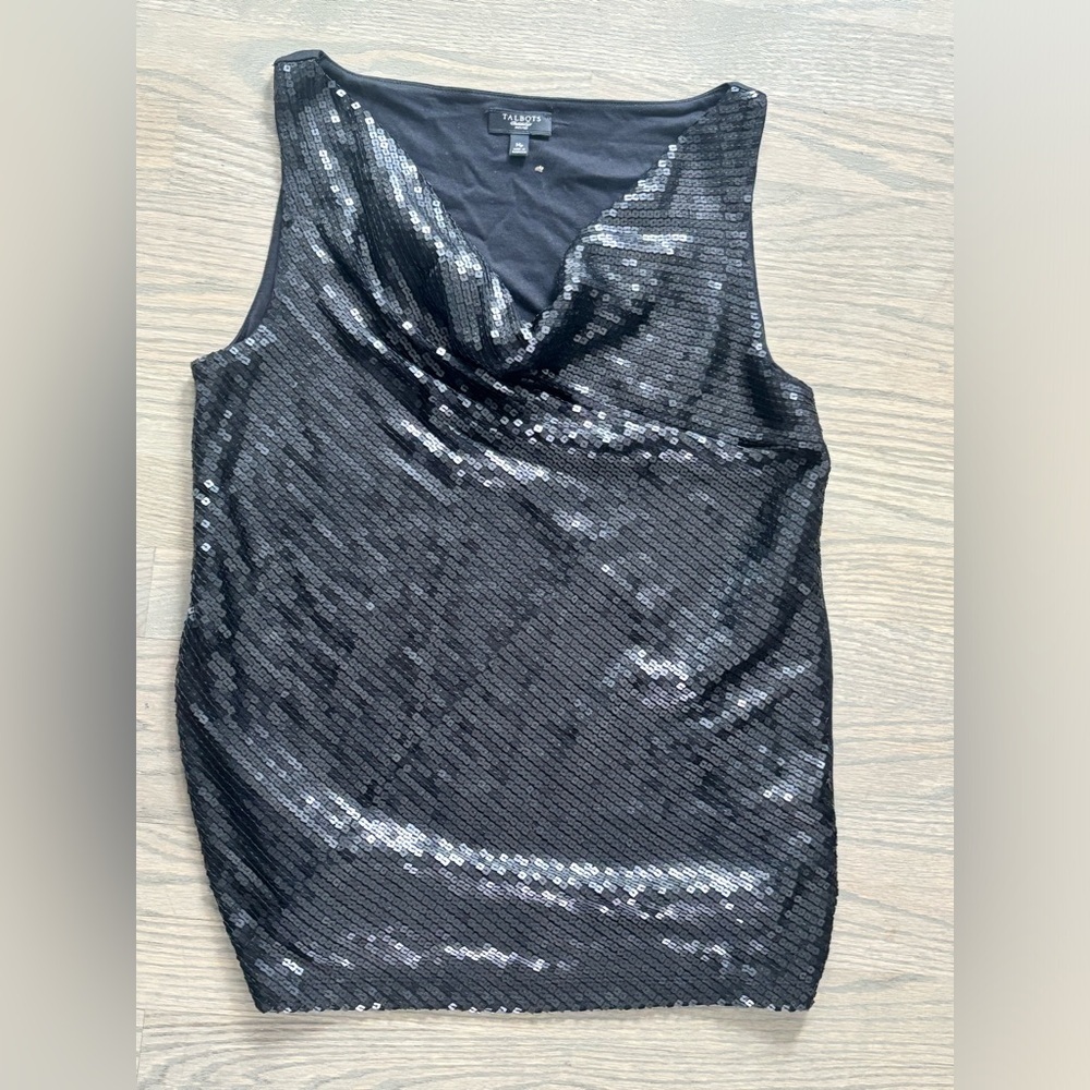 Talbots Petites Black Sequin Shell cowl neck sleeveless Tank Top size Mp